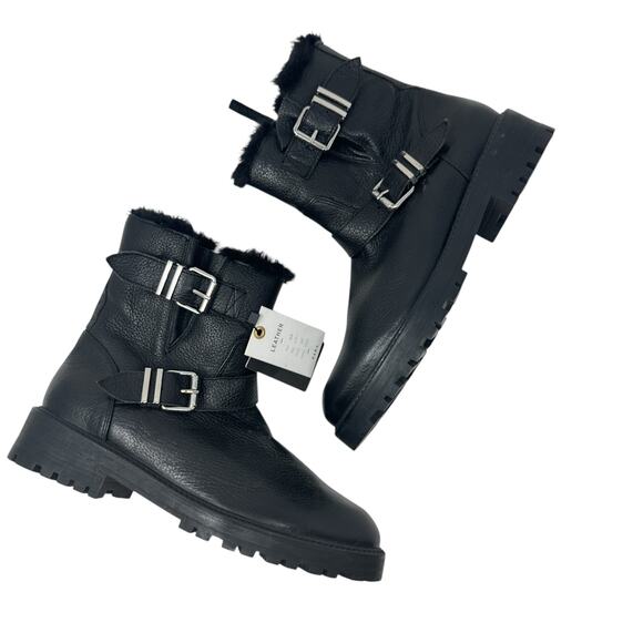 Zara Moto Ankle Boots Leather Buckle Shearling Lined Black Size 40 US‎ 9 - Picture 1 of 13
